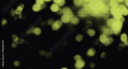 Abstract halftone green dots on black background, organic and scattered digital texture effect.