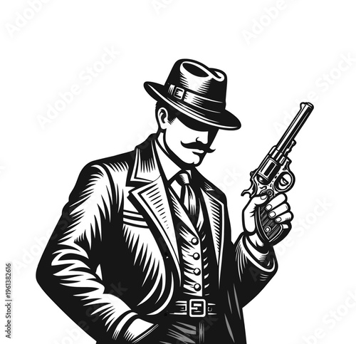 Vintage Classic Film Noir Detective with Revolver Illustration - Black and White Line Art, engraving vector illustration. Scratch board imitation