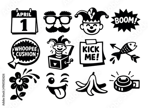 April Fool's Day collection featuring various prank and humor elements like glasses, exploding boom, and squirting flower