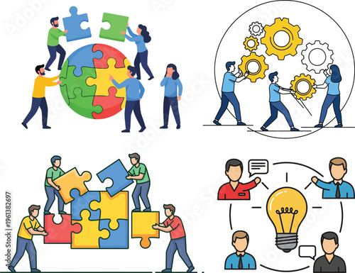 Business teamwork collaboration puzzle concept with people assembling jigsaw globe gears and idea sharing for strategy communication and creative problem solving vector illustration