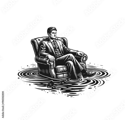 Vintage Surreal Illustration of a Businessman Sitting in an Armchair Illustration - Black and White Line Art, engraving vector illustration. Scratch board imitation