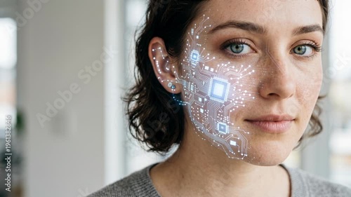 Close-up of a woman with a glowing digital circuit board overlay on her face. Futuristic concept of artificial intelligence and biometric facial recognition. Deepfake and digital identity technology