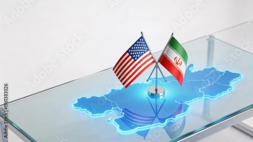 United States and Iran flags on a glass table. Diplomatic meeting and international relations concept. Glowing blue map of Iran on a desk. Geopolitical negotiation and summit