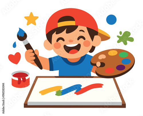 Happy boy finding joy in painting, creating art with a brush and palette, developing creativity and imagination