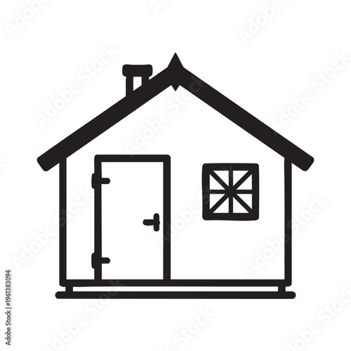 A simple line drawing of a garden shed with a door and window