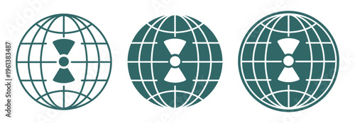 Global network with radioactive warning icon, nuclear radiation risk and cyber threat concept, interconnected nodes with hazard symbol, safety and security alert illustration, minimal flat design, 