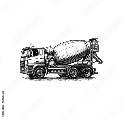 Vintage Concrete Mixer Truck Illustration - Black and White Line Art, engraving vector illustration. Scratch board imitation