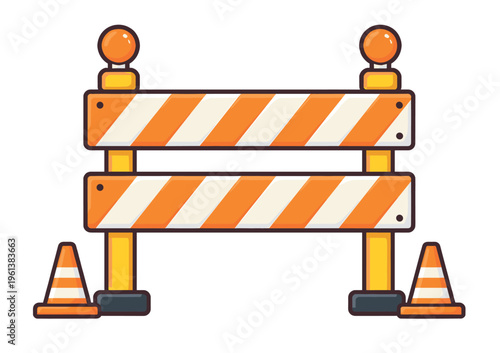 Orange and white striped roadblock barrier with flashing lights, standing between two traffic cones, showing a construction warning