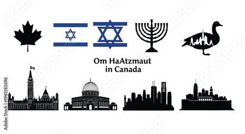 Symbols of Canada and Israel with text Om HaAtzmaut in Canada