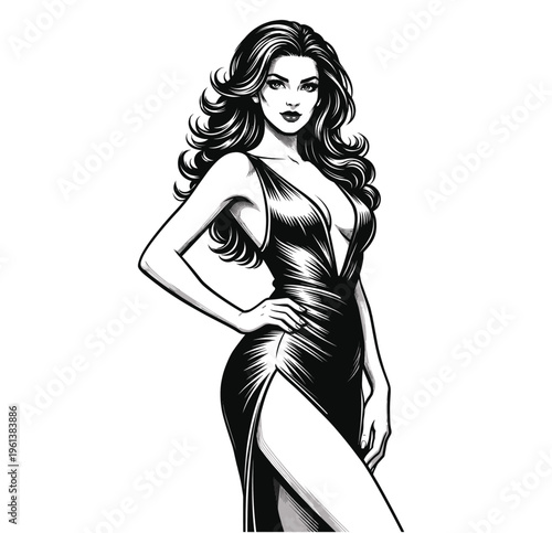 Vintage Sexy Woman in Evening Dress Illustration - Black and White Line Art, engraving vector illustration. Scratch board imitation