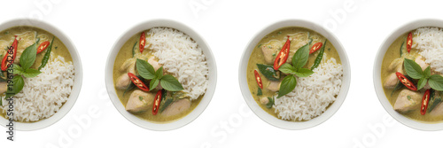 Four bowls of green curry with chicken and rice food isolated on a transparent background