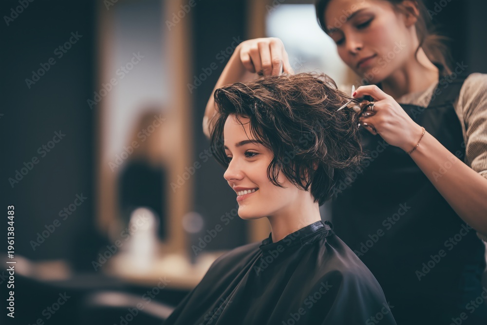 Fototapeta premium Professional hair stylist cutting woman's short hair in modern luxury salon