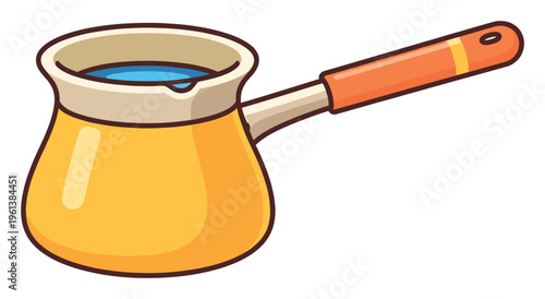 Yellow cezve with orange handle for brewing coffee. Kitchen utensil for making turkish, Greek, or Armenian style beverages