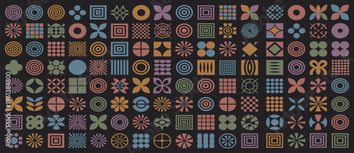 Geometric patterns in muted colors on black background