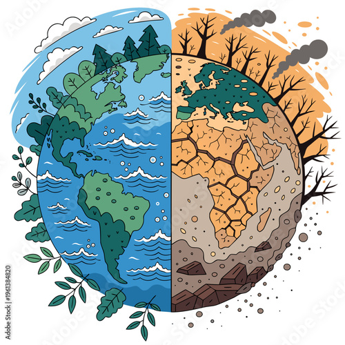 Conceptual illustration of climate change showing a healthy green earth versus a dying polluted planet