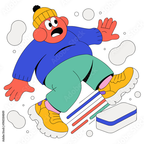 Cartoon character slipping and falling on a wet floor, losing balance and looking surprised, vector illustration