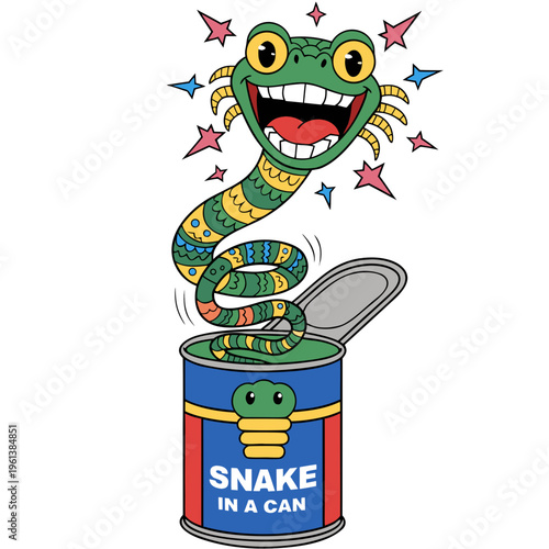 Cartoon illustration of a snake popping out of a metal can