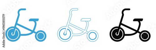 Modern vector tricycle icons in blue and black, simple flat design for children’s ride, transportation and mobility symbols, versatile for apps, websites, or print projects,