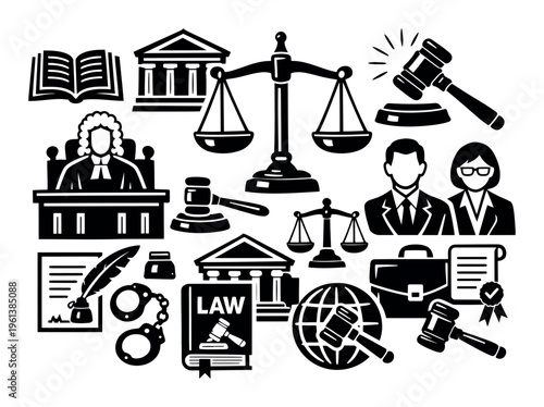 Collection of black and white legal icons including scales of justice, gavels, judge, lawyers, courthouse, and law book