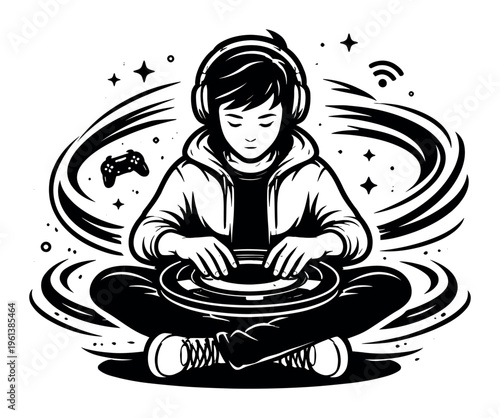 Young player with headphones crossing legs, engaging in gaming on a virtual console, surrounded by game elements