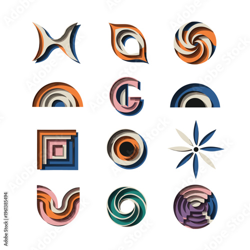 "Abstract paper cut layered geometric shapes set with 3d papercraft effect."