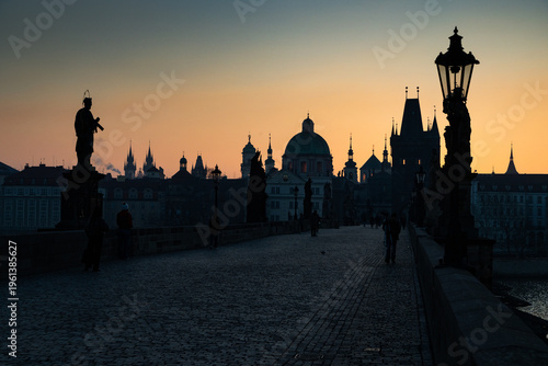 charles Bridge in Prague  Czech Republic at sunrise with historic statues