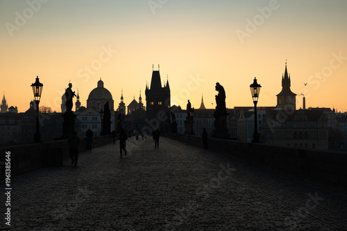 charles Bridge in Prague  Czech Republic at sunrise with historic statues