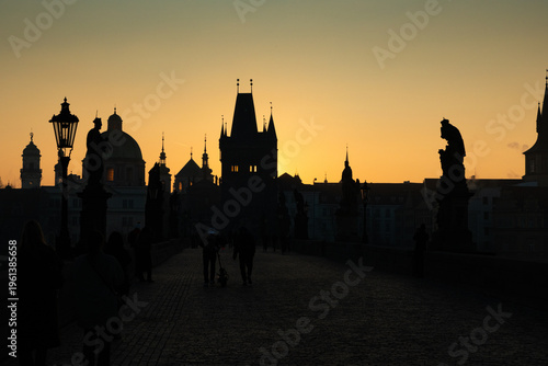 charles Bridge in Prague  Czech Republic at sunrise with historic statues