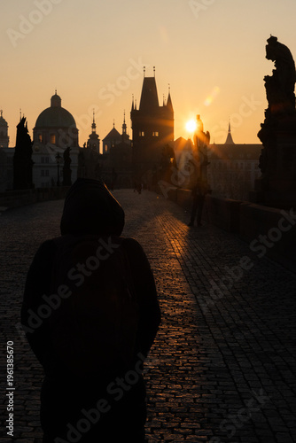 charles Bridge in Prague  Czech Republic at sunrise with historic statues