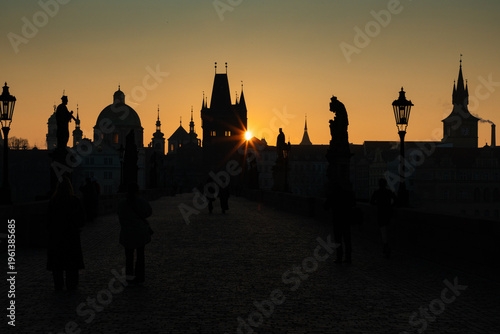 charles Bridge in Prague  Czech Republic at sunrise with historic statues