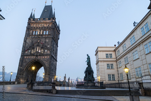 charles Bridge in Prague  Czech Republic at sunrise with historic statues