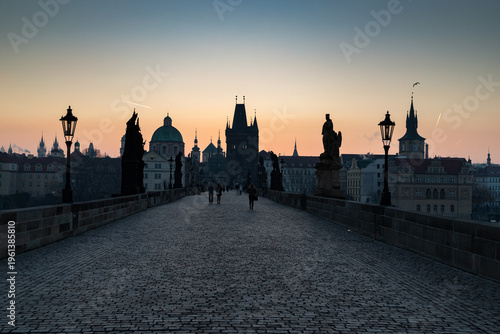charles Bridge in Prague  Czech Republic at sunrise with historic statues