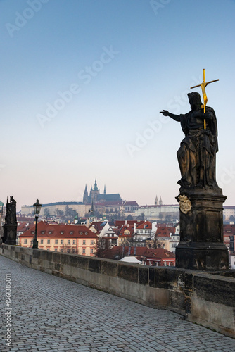 charles Bridge in Prague  Czech Republic at sunrise with historic statues