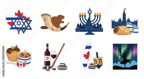 Cultural icons representing Canada and Israel alongside festive elements high quality