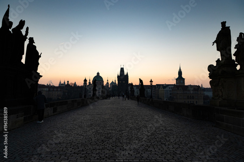 charles Bridge in Prague  Czech Republic at sunrise with historic statues