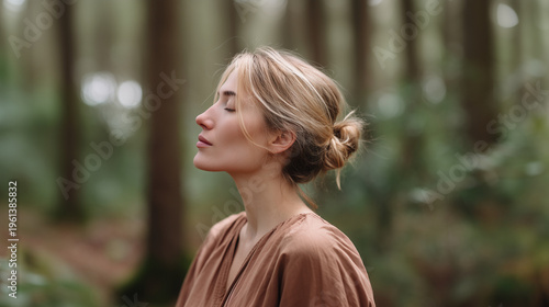 Woman with eyes closed in forest, mindfulness, meditation, wellness, inner peace, relaxation, mental health, nature therapy, serene lifestyle