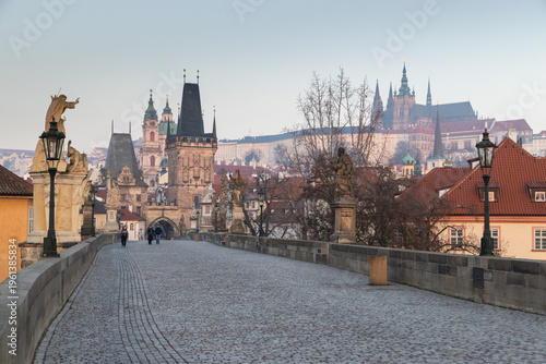 charles Bridge in Prague  Czech Republic at sunrise with historic statues