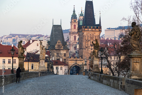 charles Bridge in Prague  Czech Republic at sunrise with historic statues