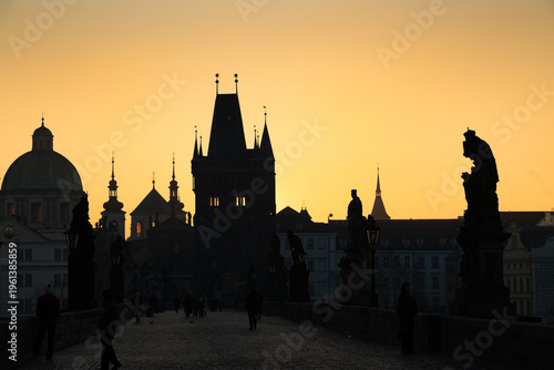 charles Bridge in Prague  Czech Republic at sunrise with historic statues