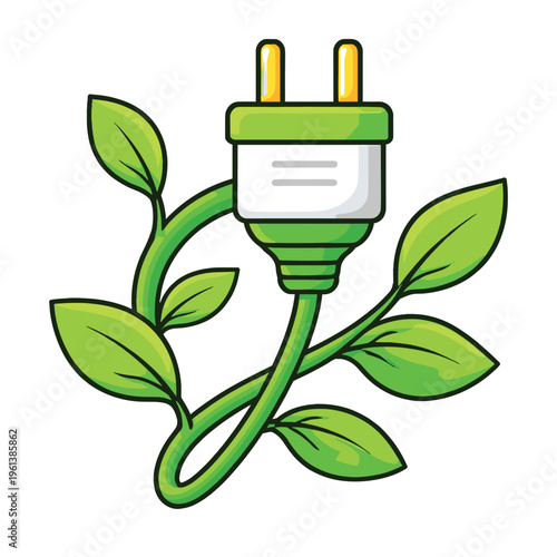Green power plug connected to a leafy vine, symbolizing eco-friendly energy, sustainability, and renewable electricity sources