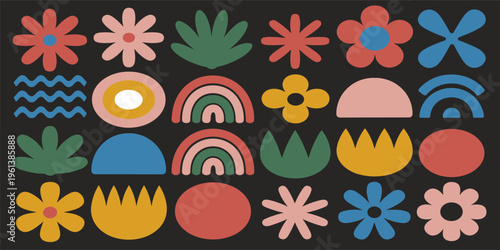 Retro abstract shapes and floral on black background