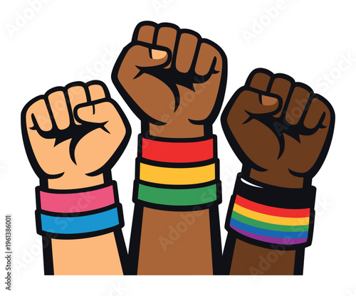 Three hands with varied skin tones and flag-colored wristbands raising fists, expressing unity, diversity, and activism