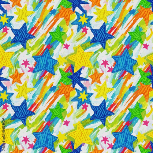 Seamless pattern with colorful hand-drawn stars and abstract stripes on a bright white background.