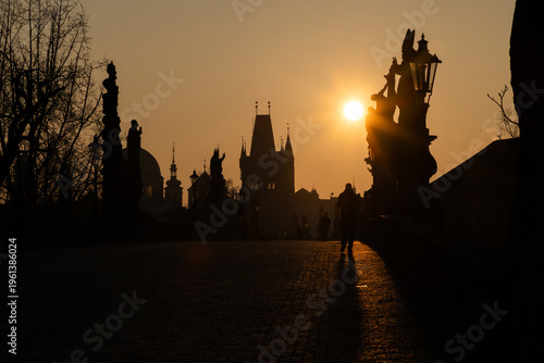 charles Bridge in Prague Czech Republic at sunrise with historic statues