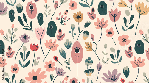 A serene and modern illustration of flowers and leaves in muted colors, perfect for adding a touch of elegance to design projects or social media grap