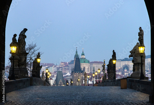 charles Bridge in Prague Czech Republic at sunrise with historic statues