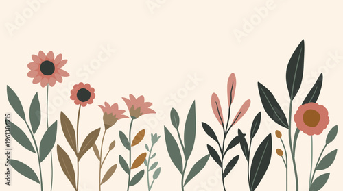 A simple, modern design featuring green leaves on a beige background, evoking a sense of calmness and serenity, perfect for use in wellness, nature-in