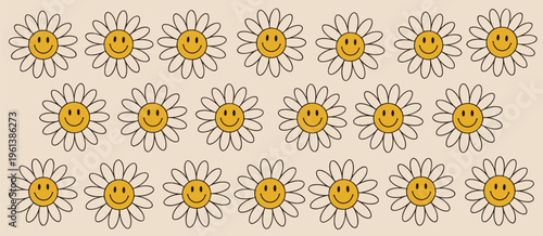 Retro smiling daisy flowers pattern on beige background