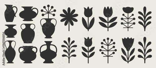 Black silhouette vases and stylized flowers on a light background