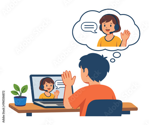 Boy learning from home, having a video conference with a woman wearing a headset for remote education or customer support